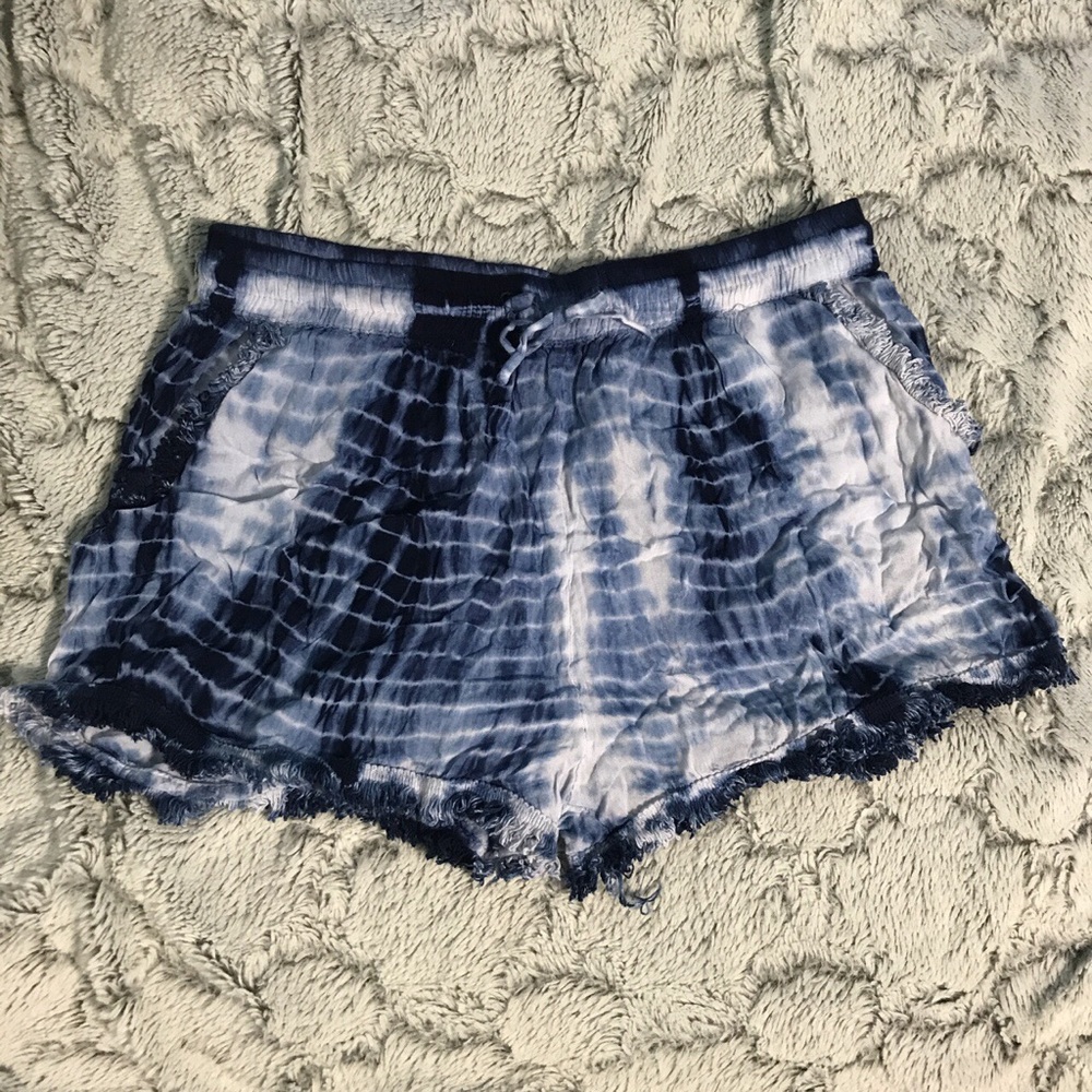 Blue white tie dye fringe shorts